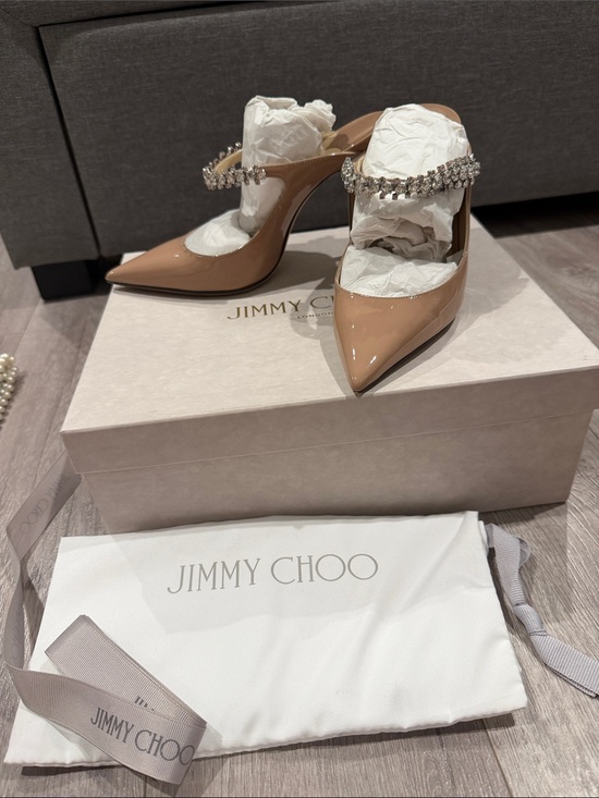 Jimmy Choo Shoes - Jimmy Choo Beige Patent Leather Crystal-Embellished Pointed Mules